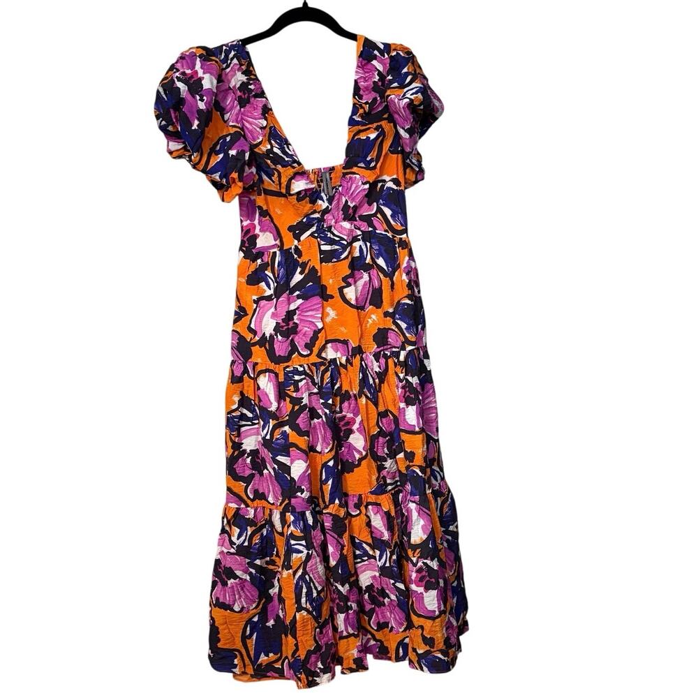 Anthropologie Orange Pink Floral Puff Sleeve Midi Dress Size XS - Picture 3 of 9